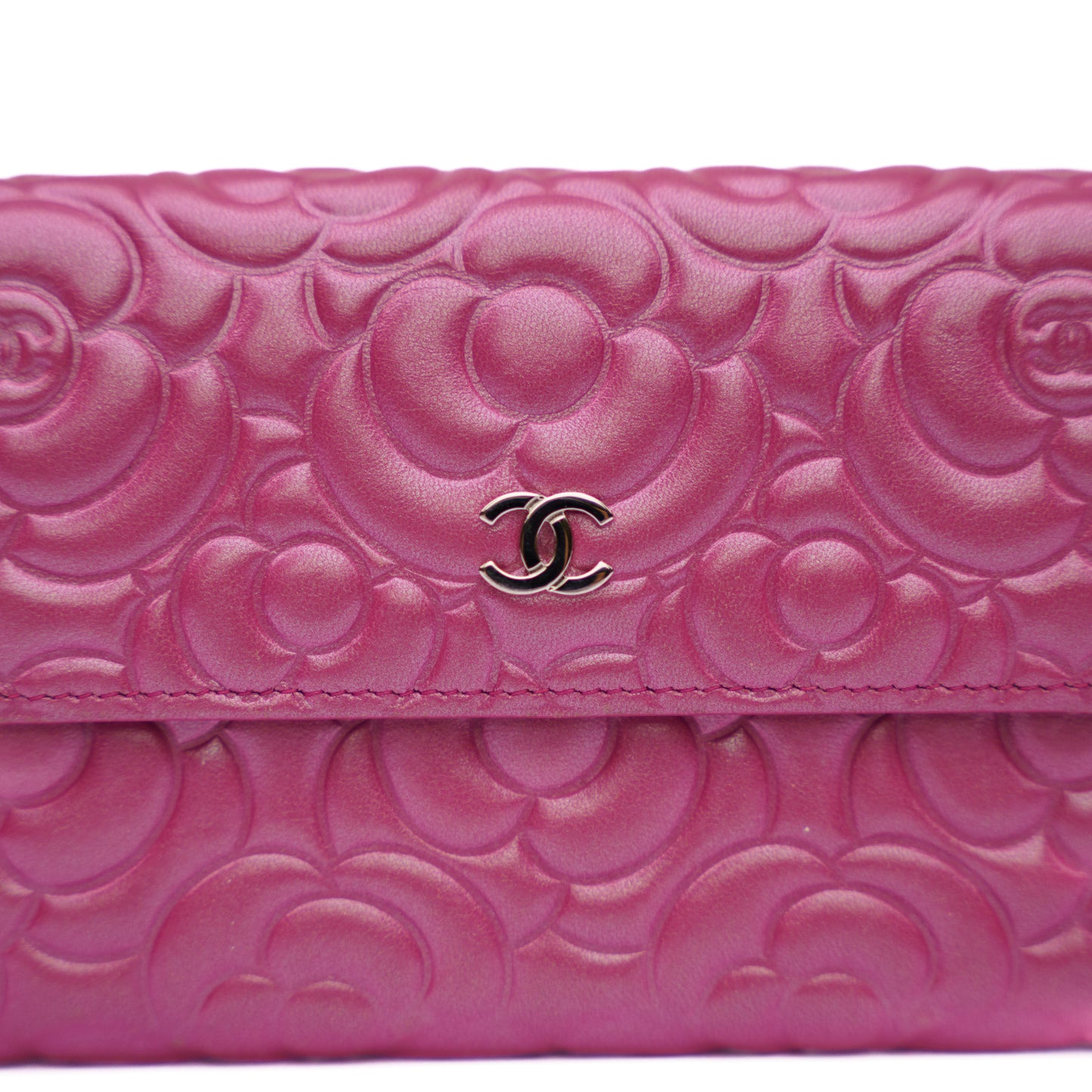 Chanel Pink Lambskin Camellia Flap Wallet Purse