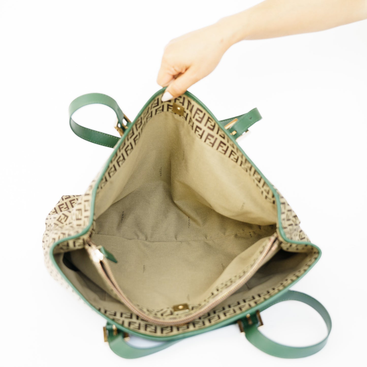 Fendi Zucchino Tote Bag with Green Leather Trim 210526G15