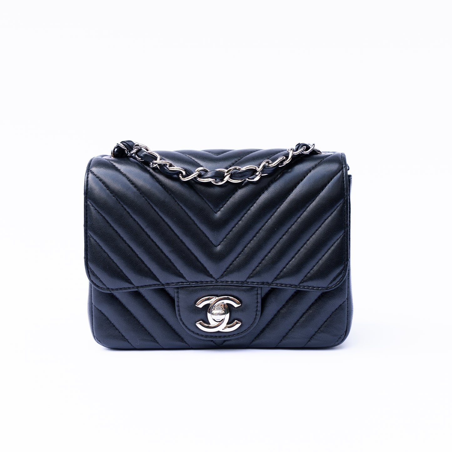 Chanel 2016 Mini Square in Black Lambskin Chevron with Silver Hardware