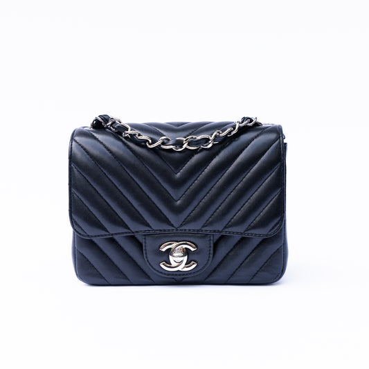 Chanel 2016 Mini Square in Black Lambskin Chevron with Silver Hardware