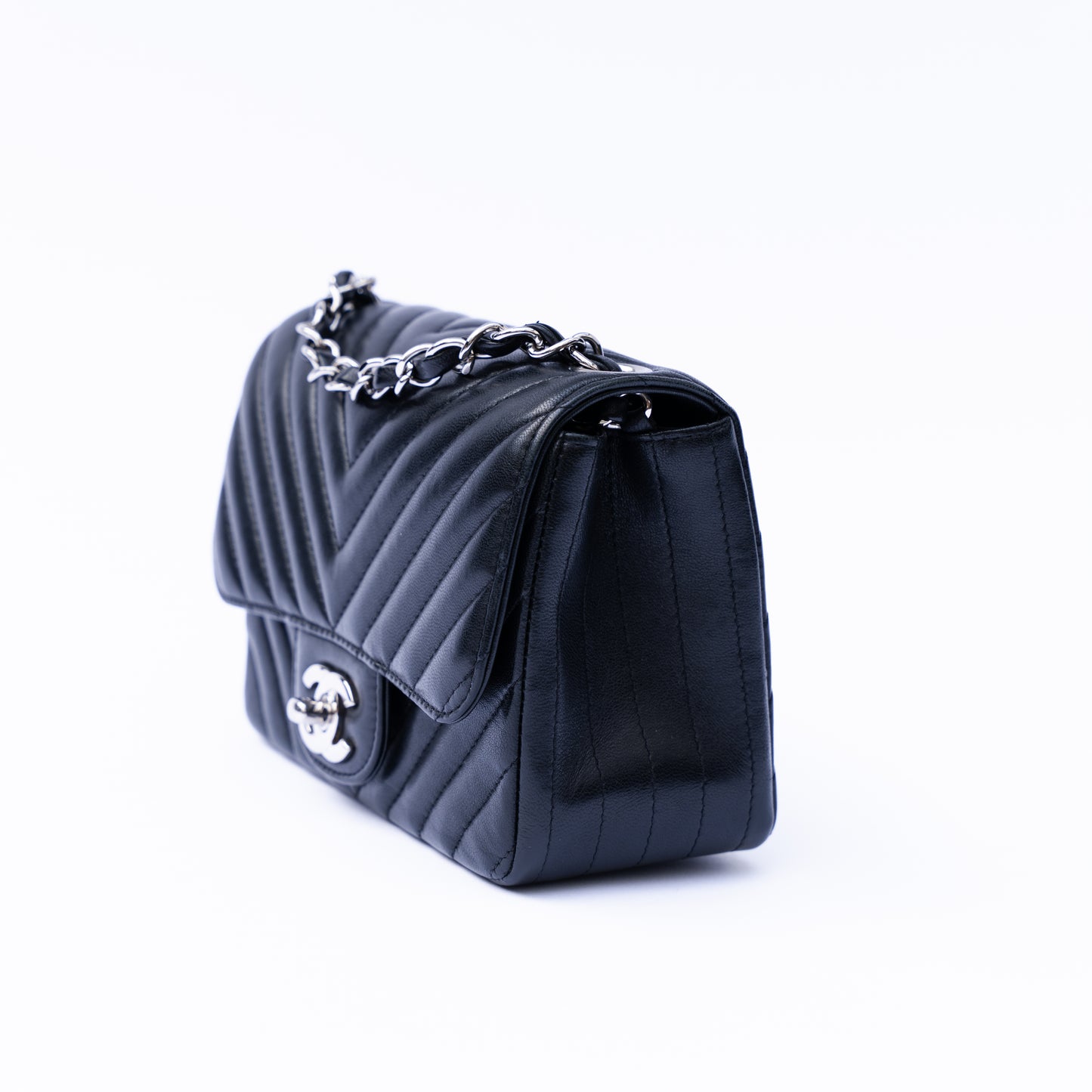 Chanel 2016 Mini Square in Black Lambskin Chevron with Silver Hardware