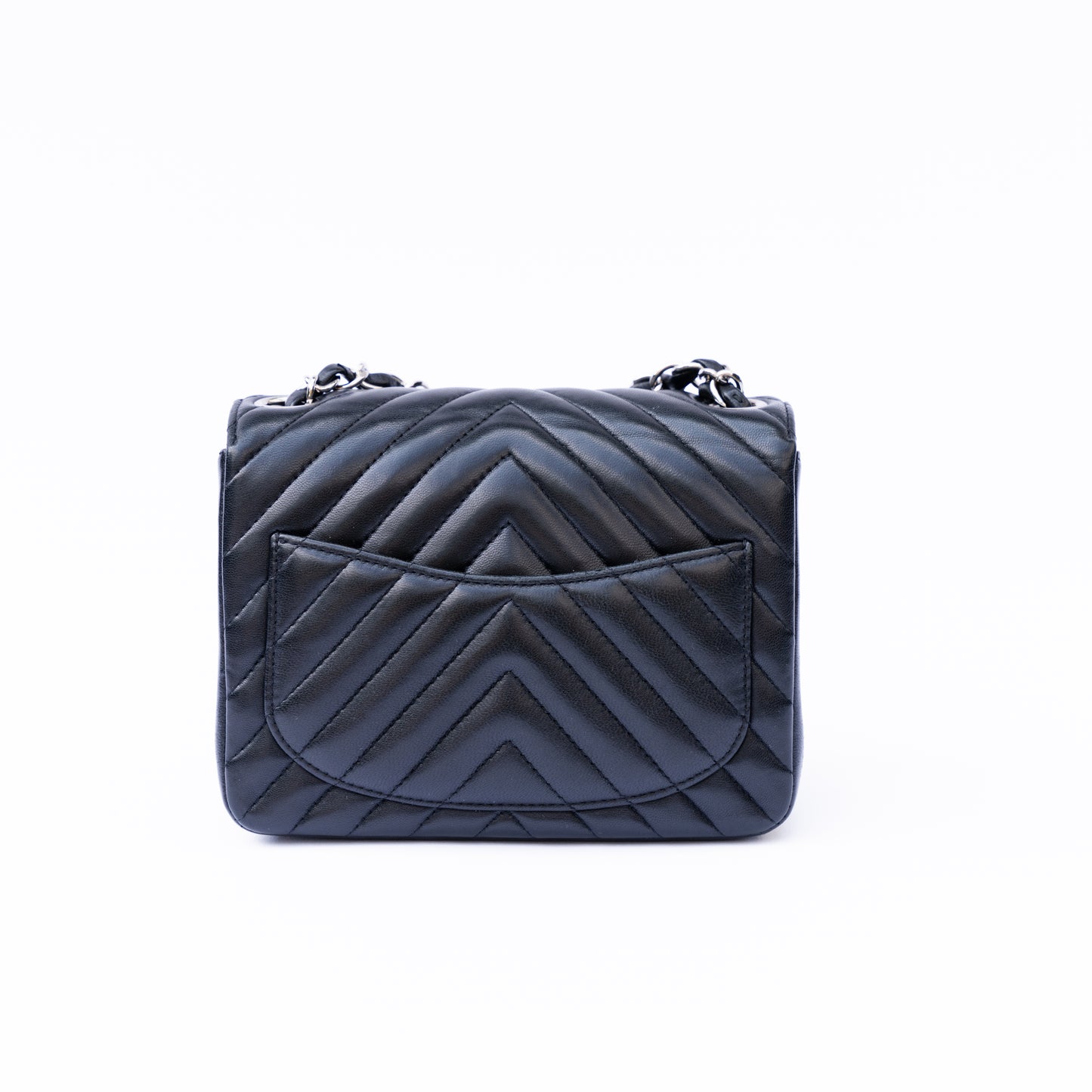 Chanel 2016 Mini Square in Black Lambskin Chevron with Silver Hardware