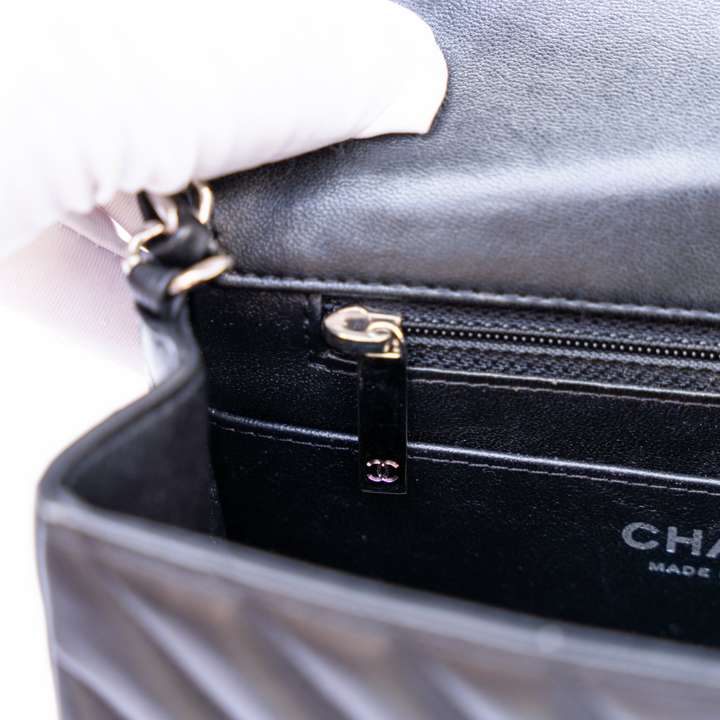 Chanel 2016 Mini Square in Black Lambskin Chevron with Silver Hardware