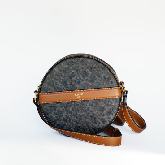 Celine Round Shoulder Bag on Strap in Brown Leather Triomphe Canvas
