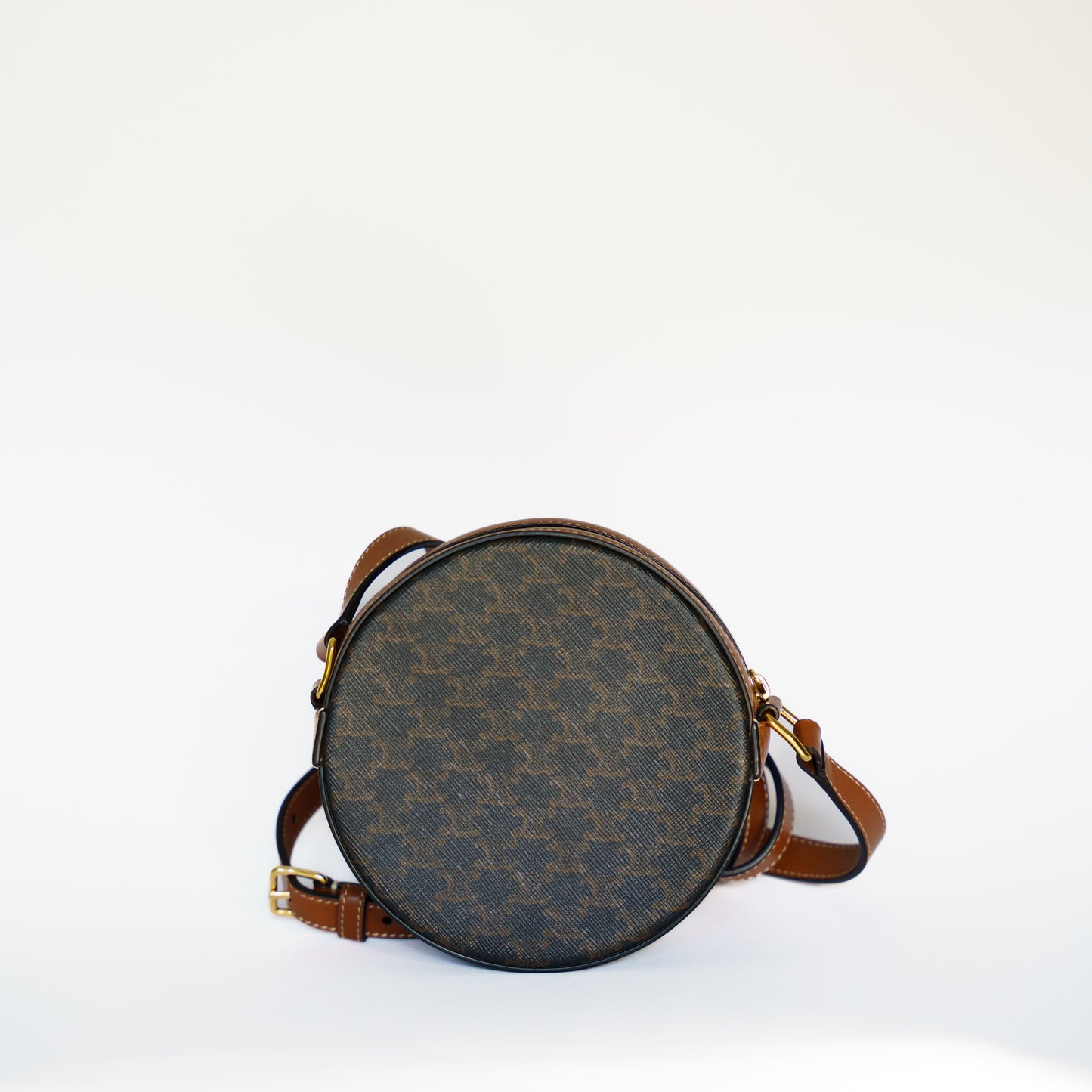 Celine Round Shoulder Bag on Strap in Brown Leather Triomphe Canvas