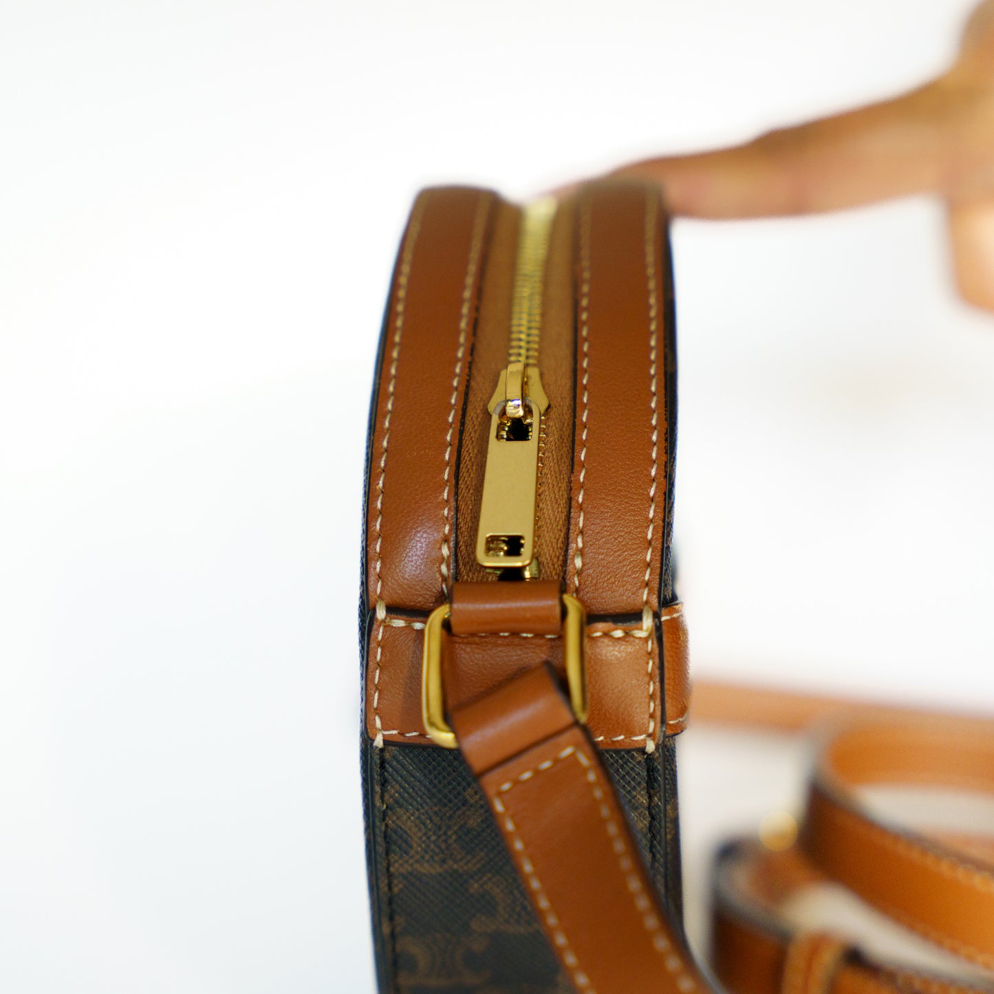 Celine Round Shoulder Bag on Strap in Brown Leather Triomphe Canvas
