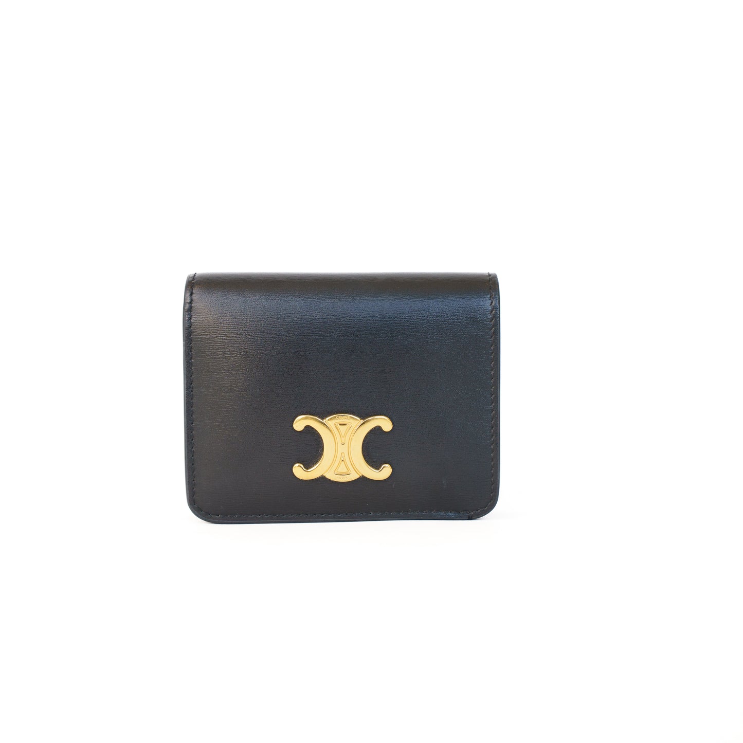 Celine Triomphe Compact Wallet in Black Leather 290126B36