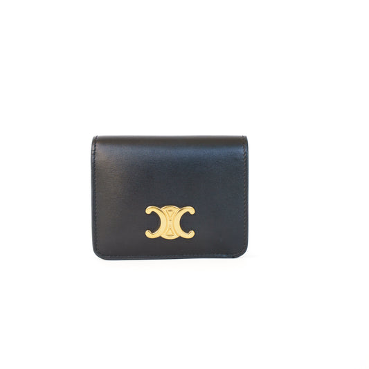 Celine Triomphe Compact Wallet in Black Leather 290126B36
