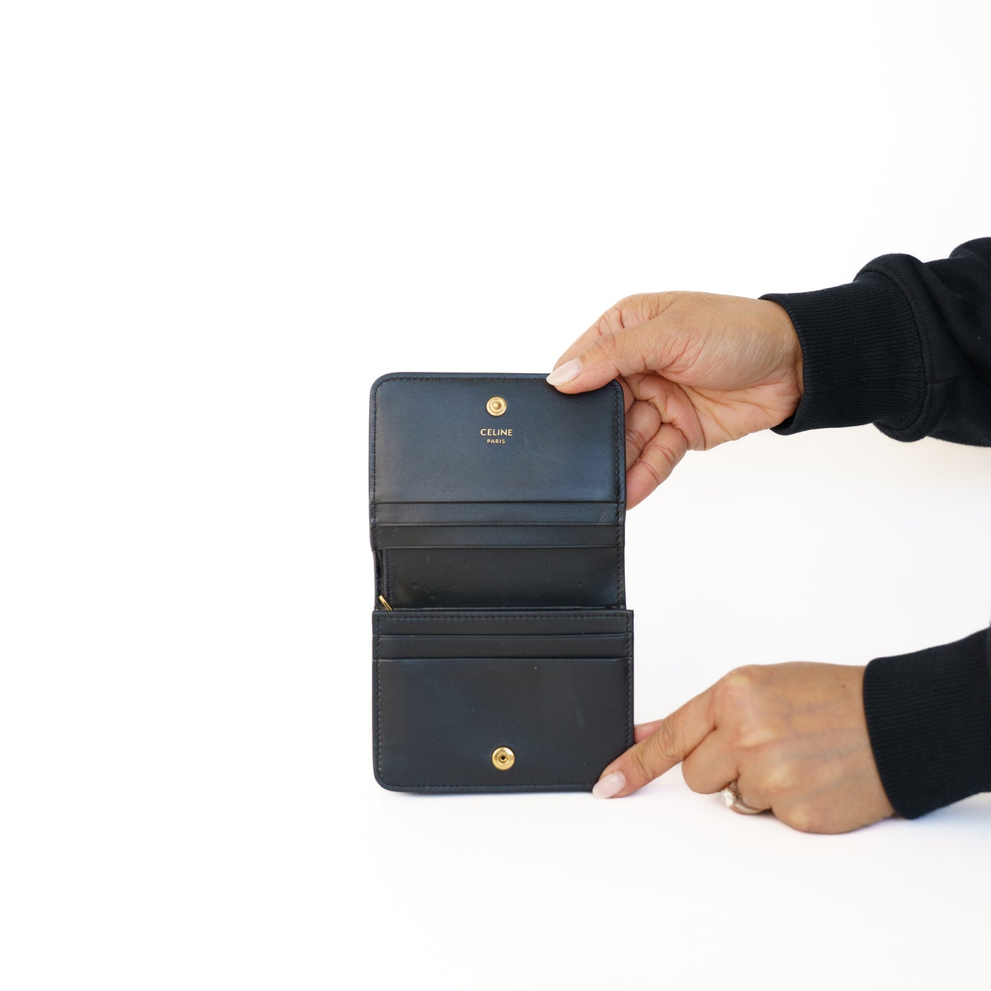 Celine Triomphe Compact Wallet in Black Leather 290126B36