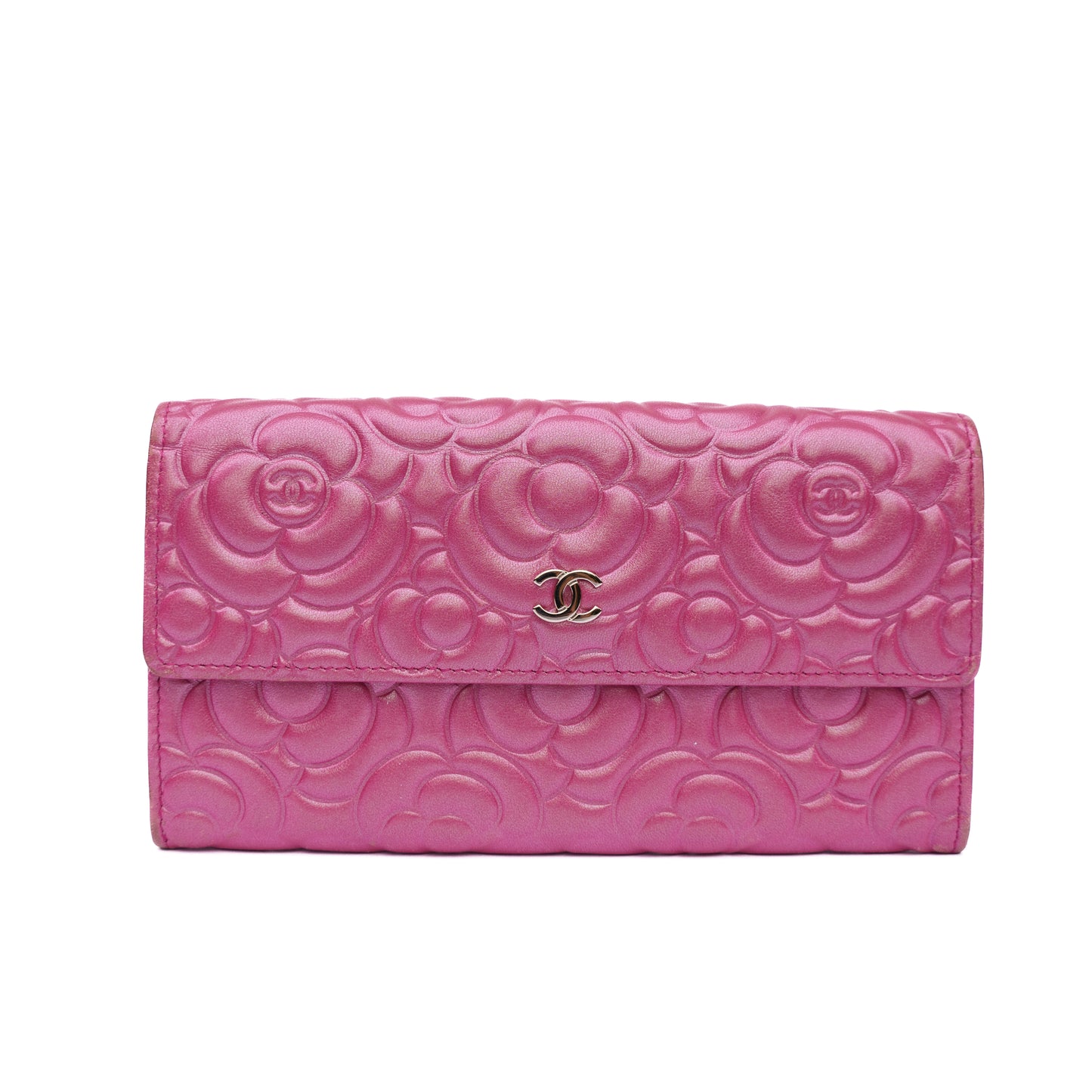 Chanel Pink Lambskin Camellia Flap Wallet Purse