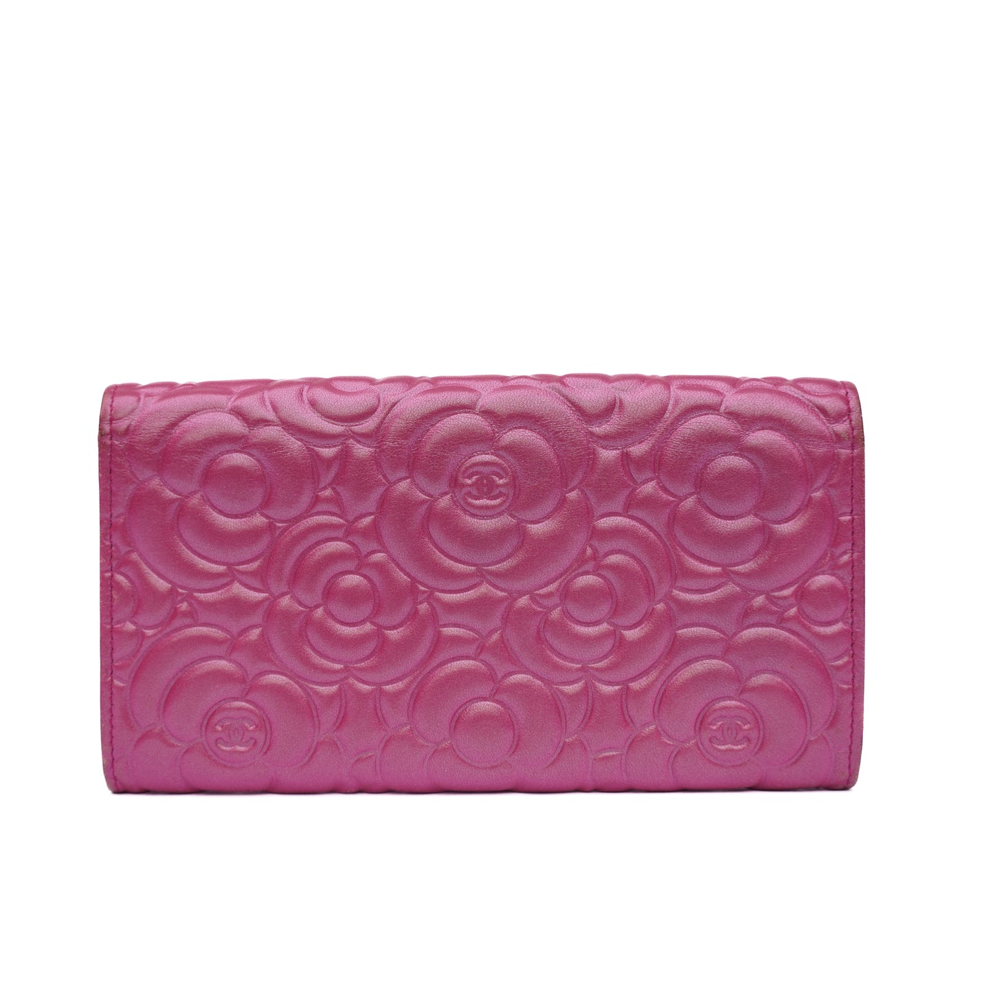 Chanel Pink Lambskin Camellia Flap Wallet Purse