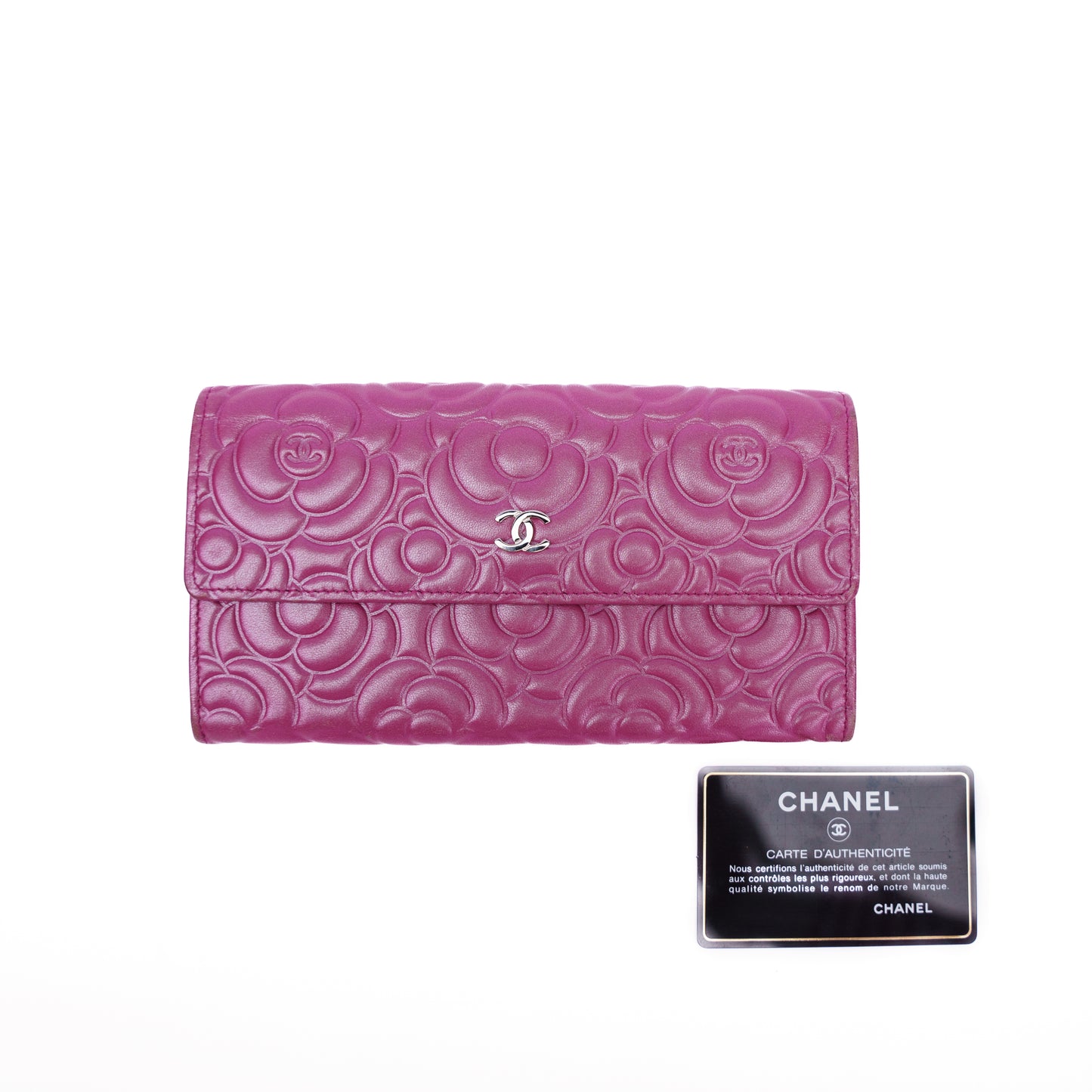 Chanel Pink Lambskin Camellia Flap Wallet Purse