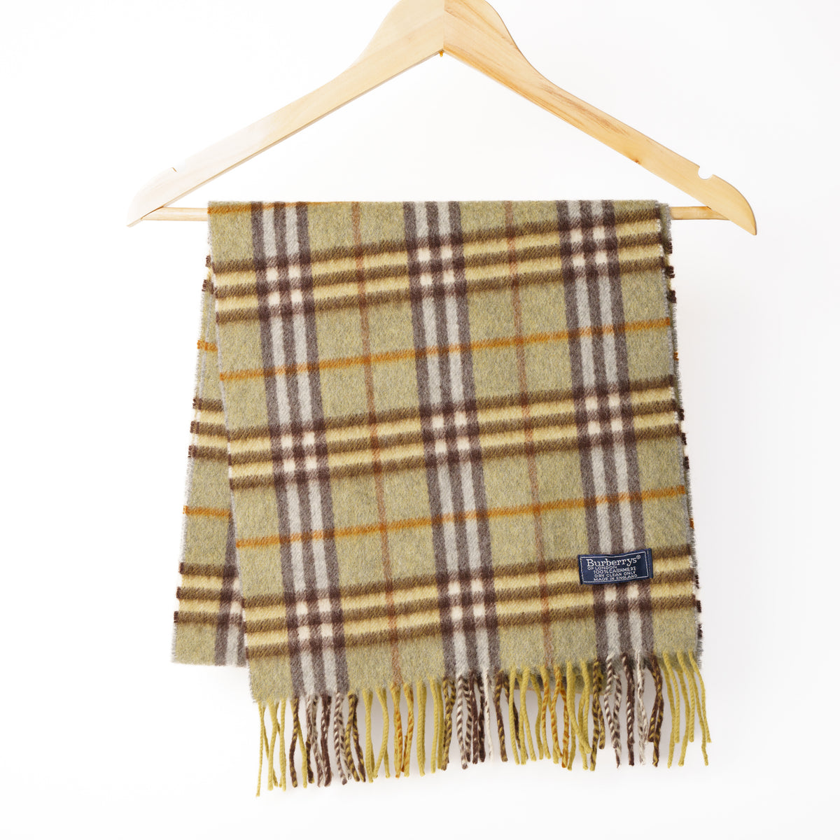 Burberry Vintage Nova Check Scarf 100% Cashmere  Olive Brown 060126A01