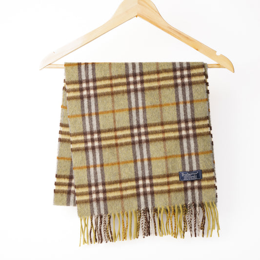 Burberry Vintage Nova Check Scarf 100% Cashmere  Olive Brown 060126A01