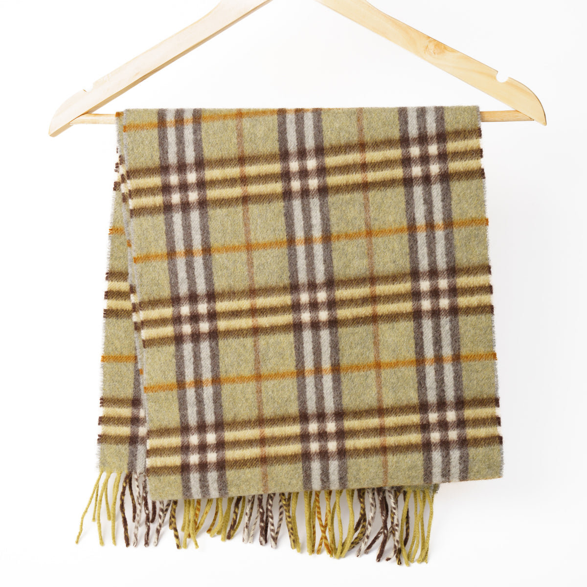 Burberry Vintage Nova Check Scarf 100% Cashmere  Olive Brown 060126A01