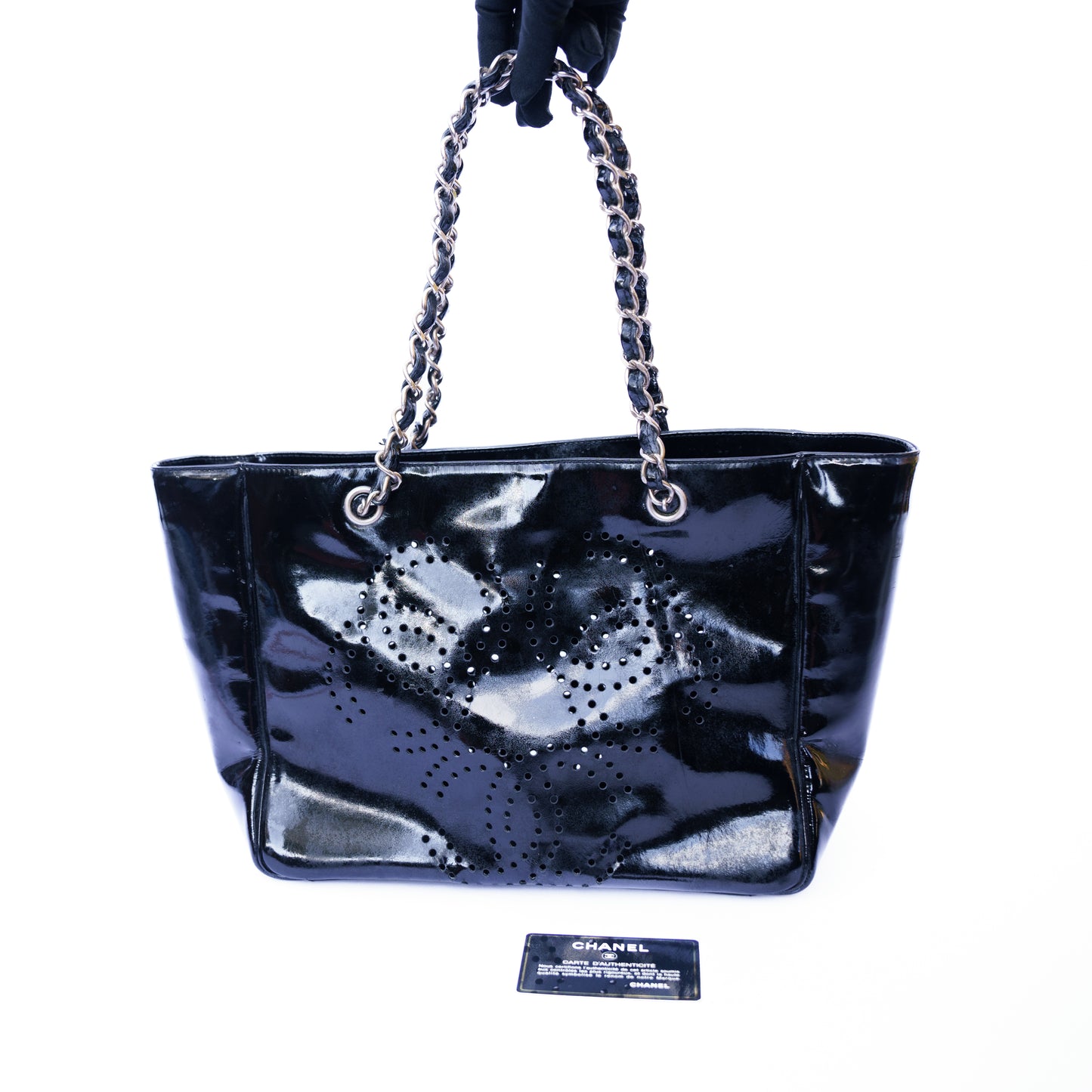 Chanel Small Black Patent Tote with Silver Hardware 261125B09
