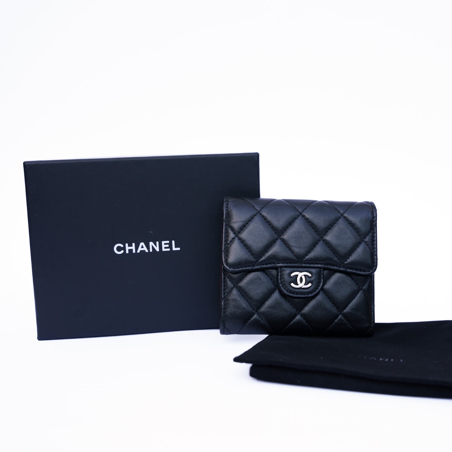 Chanel Compact Trifold Purse in Black Lambskin Leather