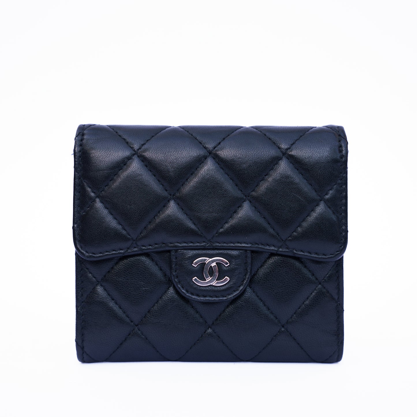 Chanel Compact Trifold Purse in Black Lambskin Leather