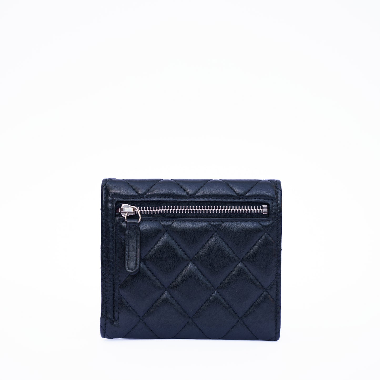 Chanel Compact Trifold Purse in Black Lambskin Leather