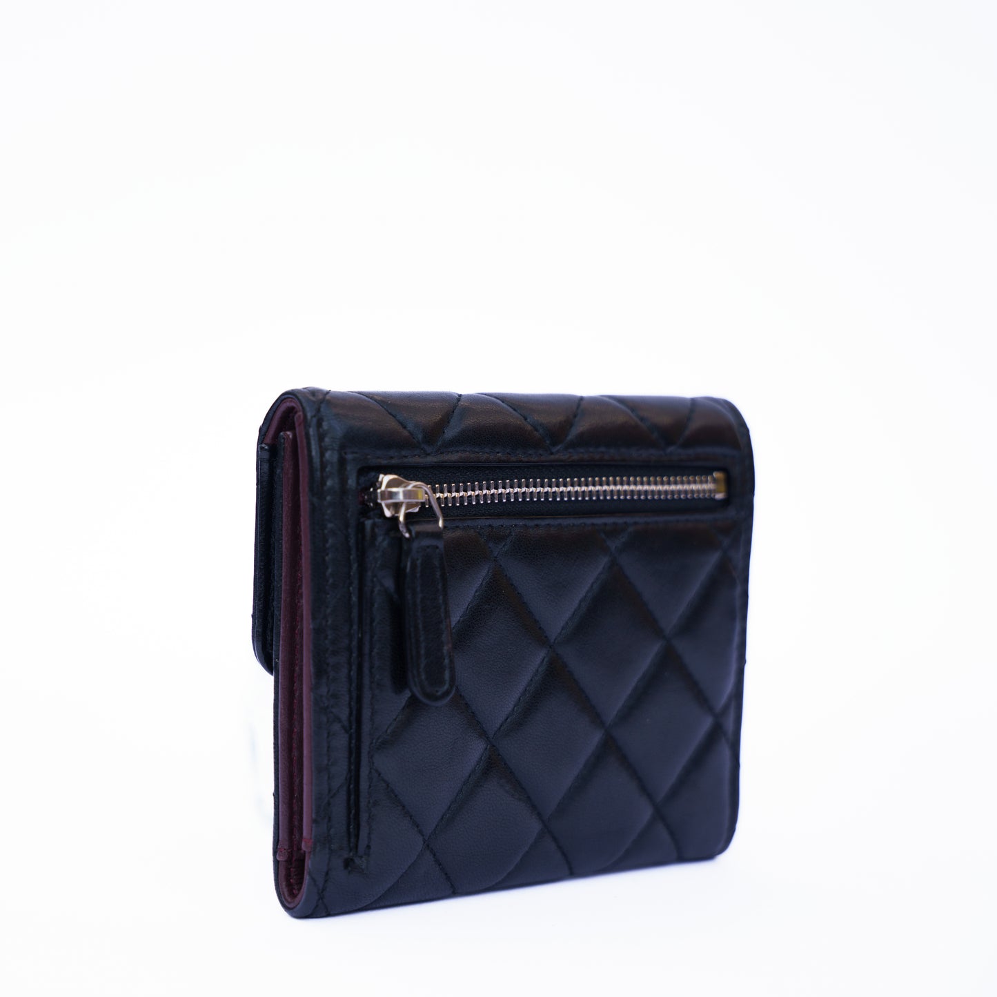Chanel Compact Trifold Purse in Black Lambskin Leather