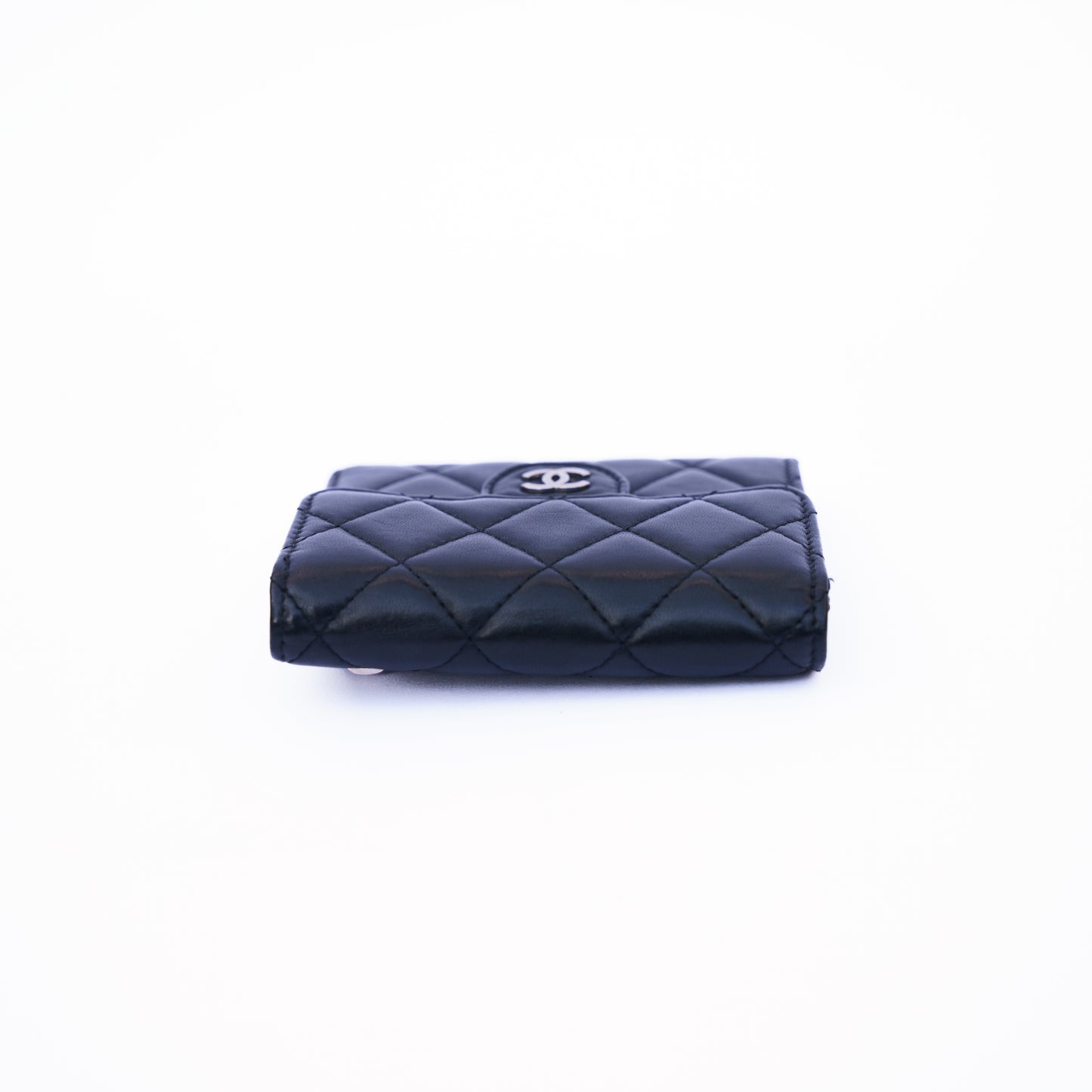 Chanel Compact Trifold Purse in Black Lambskin Leather