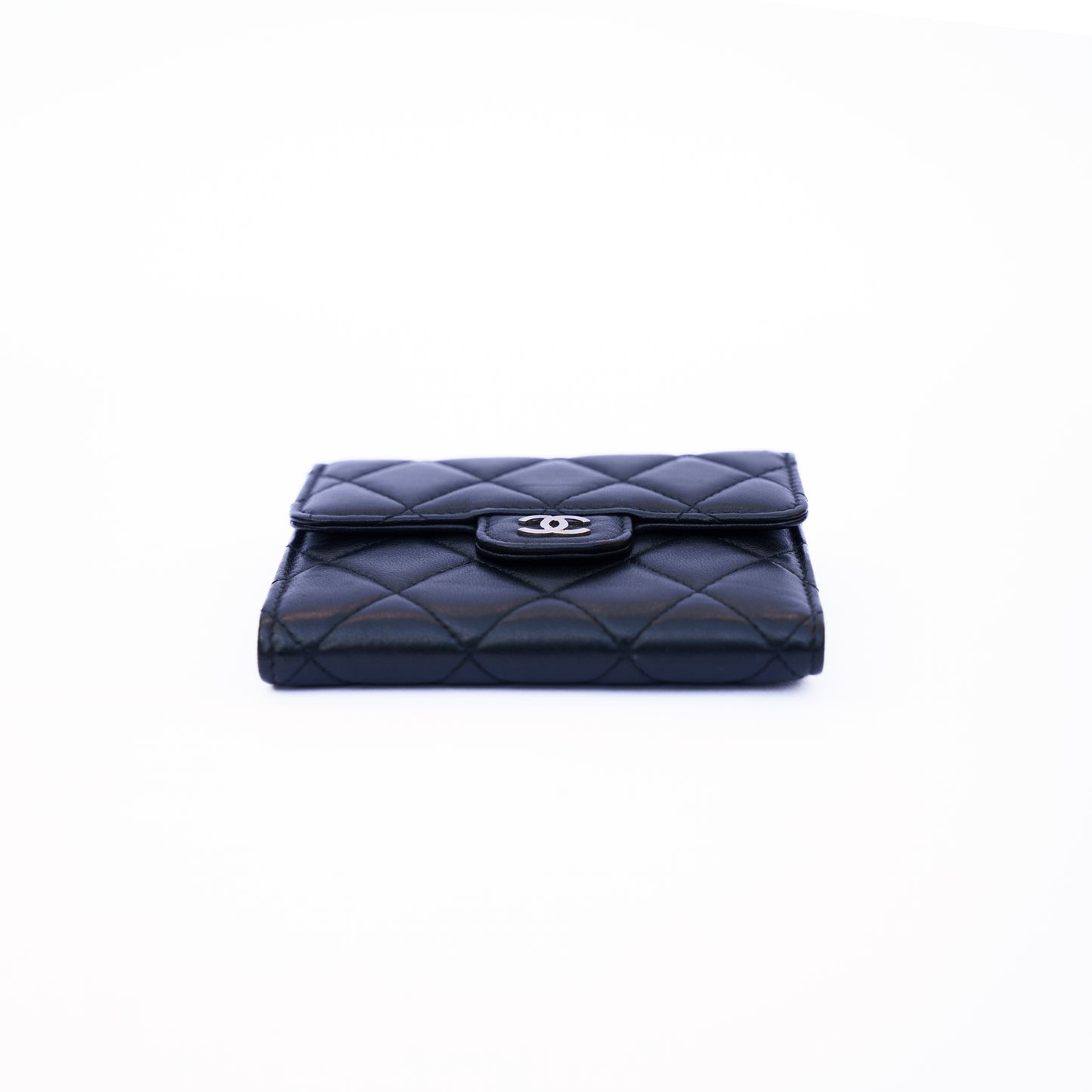Chanel Compact Trifold Purse in Black Lambskin Leather