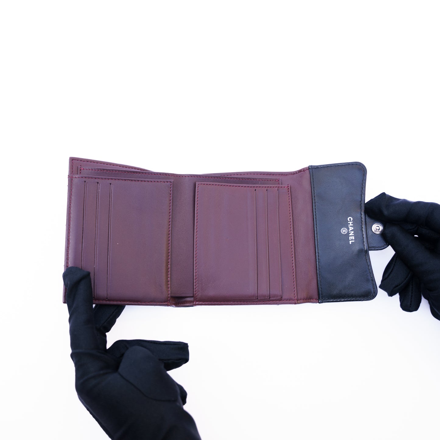 Chanel Compact Trifold Purse in Black Lambskin Leather