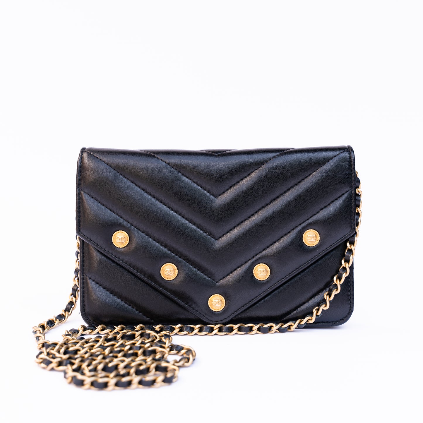 Chanel WOC Wallet on Chain Chevron in Black Lambskin with Gold Hardware