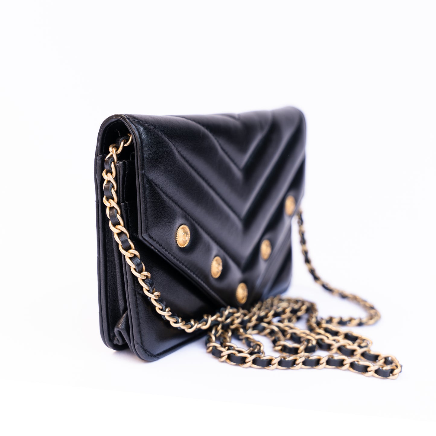Chanel WOC Wallet on Chain Chevron in Black Lambskin with Gold Hardware