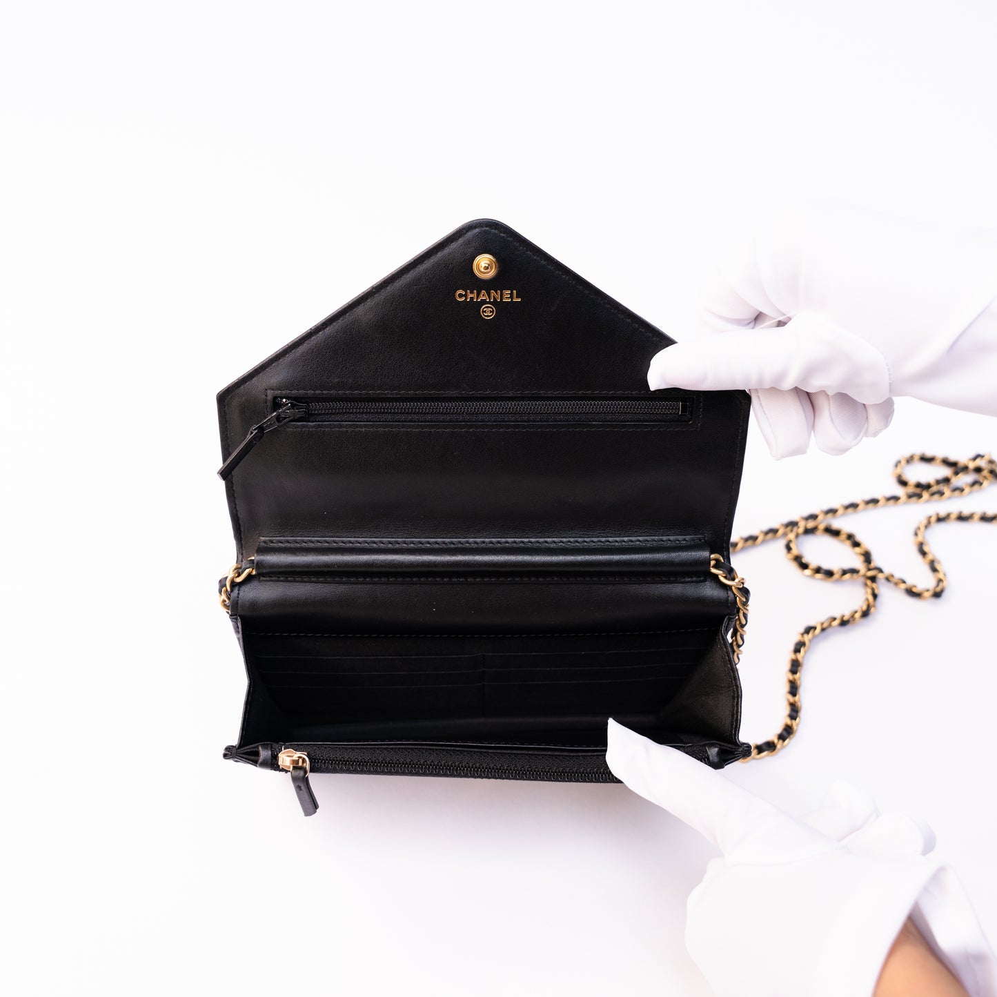 Chanel WOC Wallet on Chain Chevron in Black Lambskin with Gold Hardware