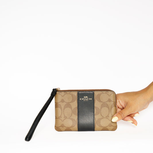 Coach Wristlet Pouch in Brown Canvas with Black Leather Trim 110925B276