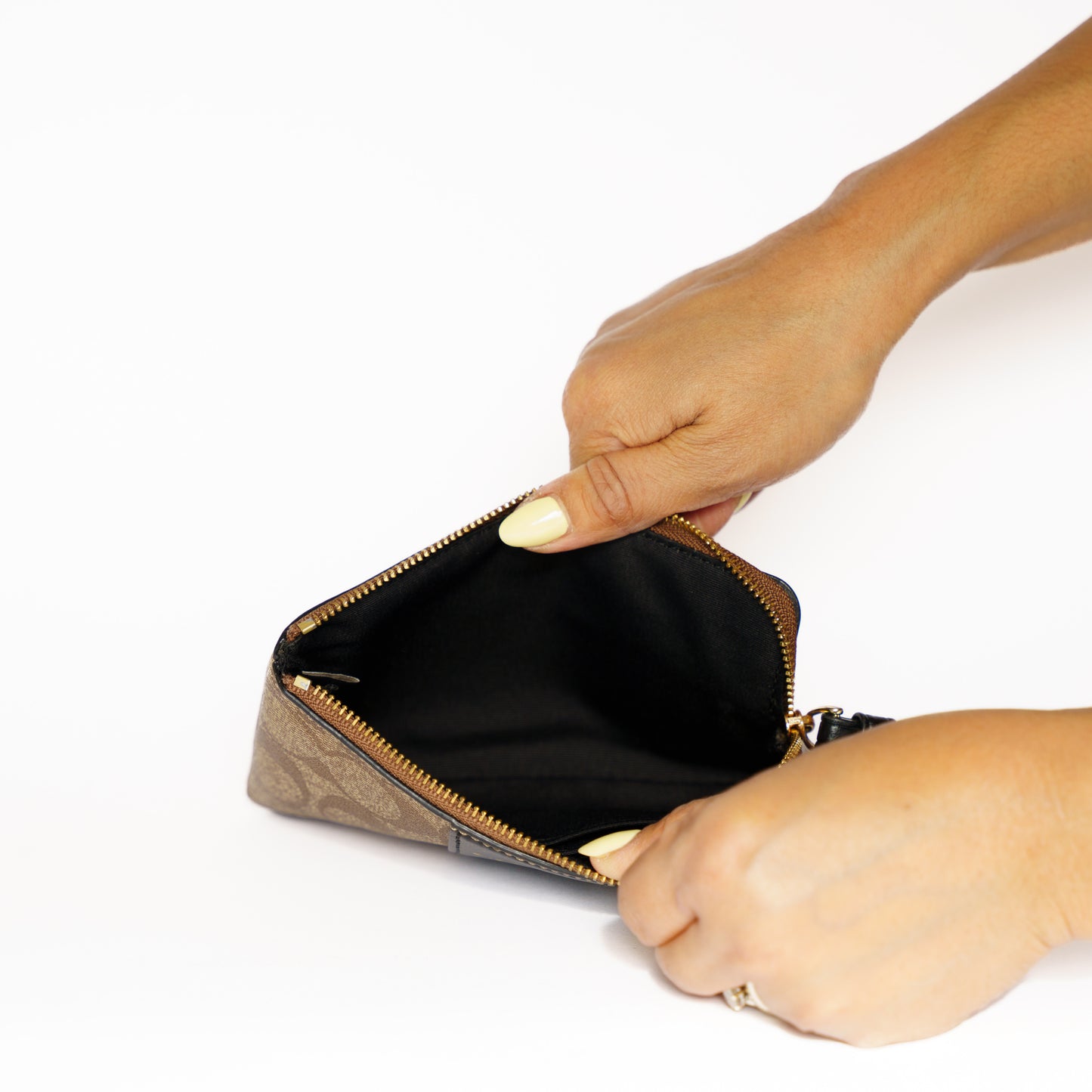 Coach Wristlet Pouch in Brown Canvas with Black Leather Trim 110925B276