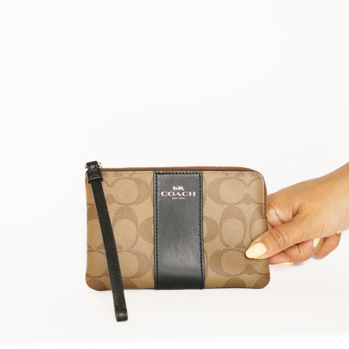 Coach Wristlet Pouch in Brown Canvas with Black Leather Trim 110925B276