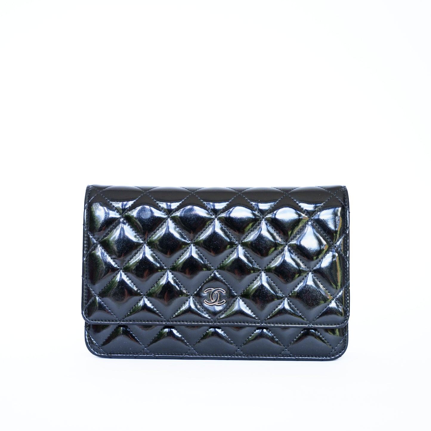Chanel Wallet on Chain WOC in Black Patent Leather with Silver Hardware