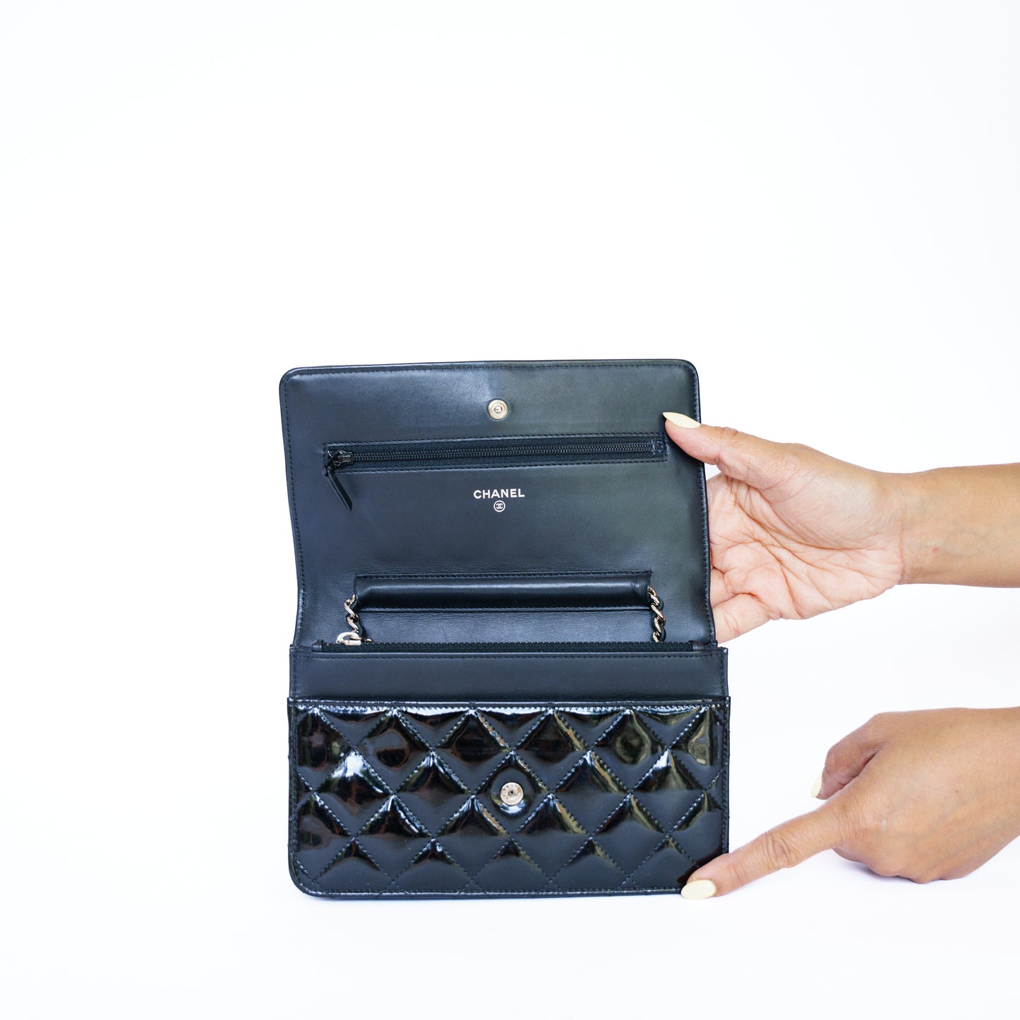 Chanel Wallet on Chain WOC in Black Patent Leather with Silver Hardware
