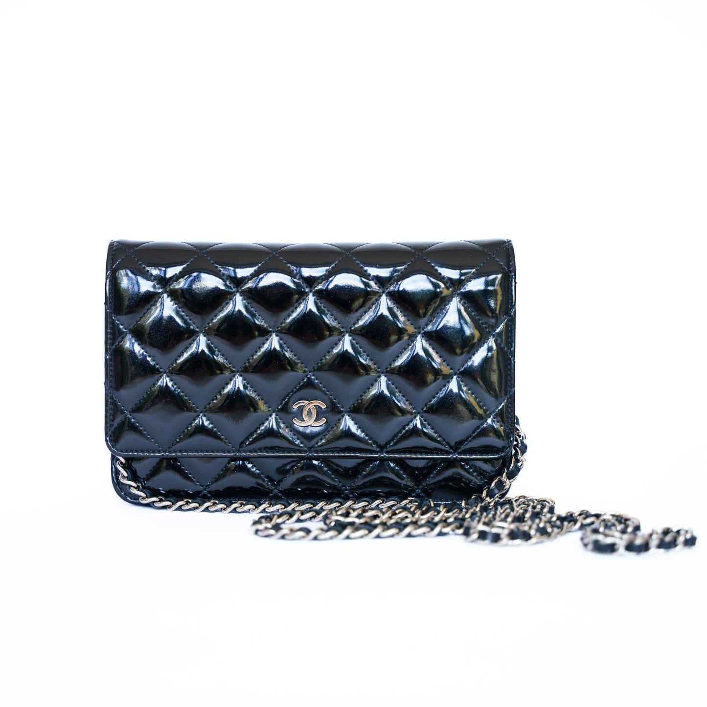 Chanel Wallet on Chain WOC in Black Patent Leather with Silver Hardware