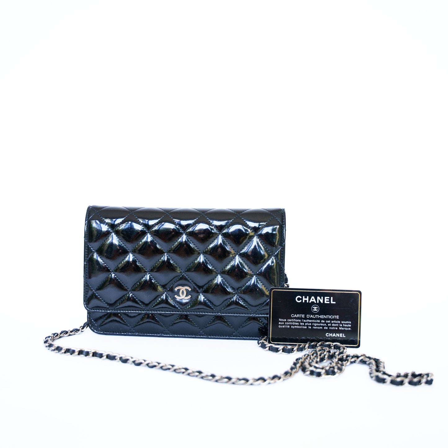 Chanel Wallet on Chain WOC in Black Patent Leather with Silver Hardware
