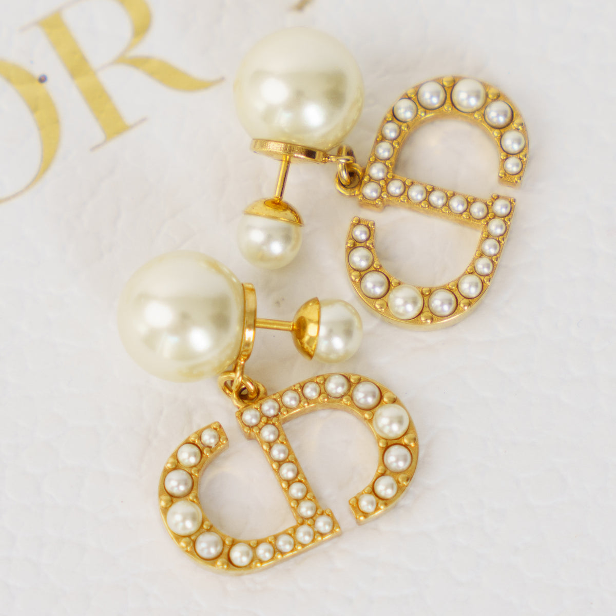 Dior Tribales Earrings Gold Metal with White Resin Pearls 061026P02