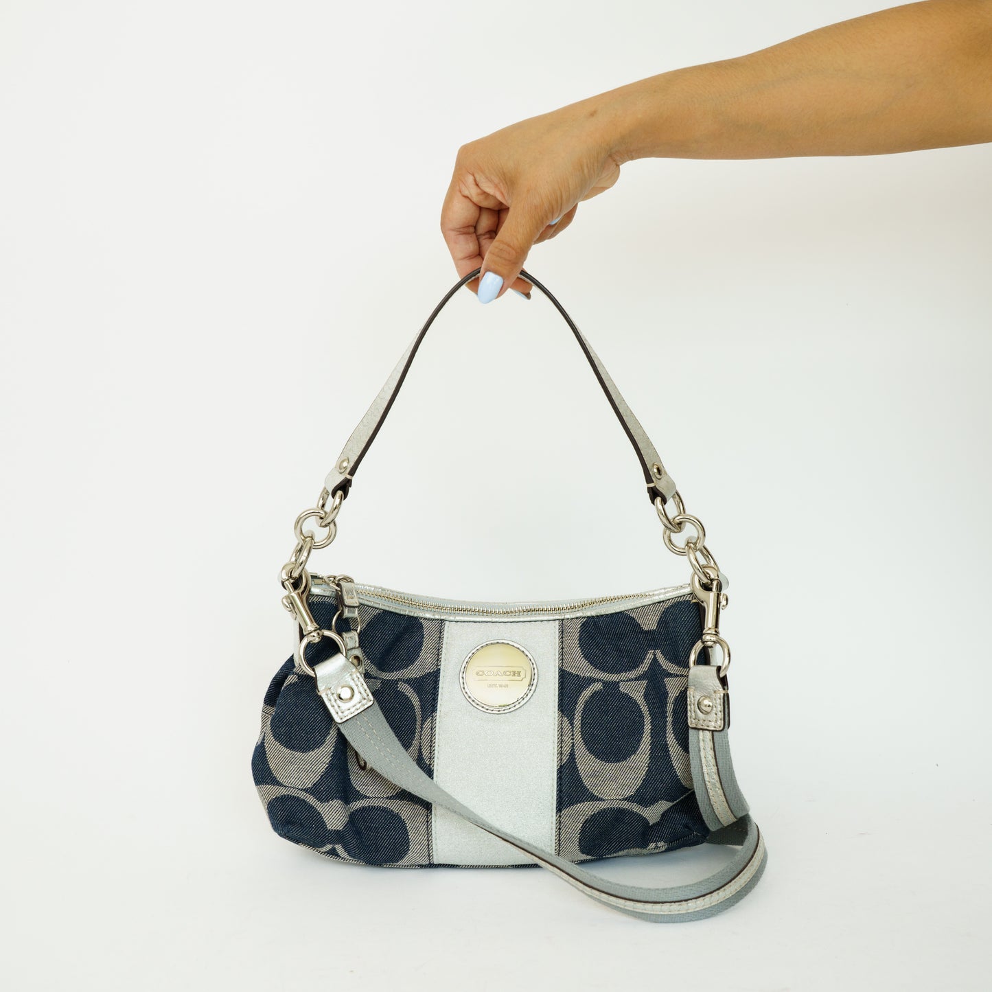 Coach Signature in Blue Grey and Silver Metallic Stripe Canvas 090626S10