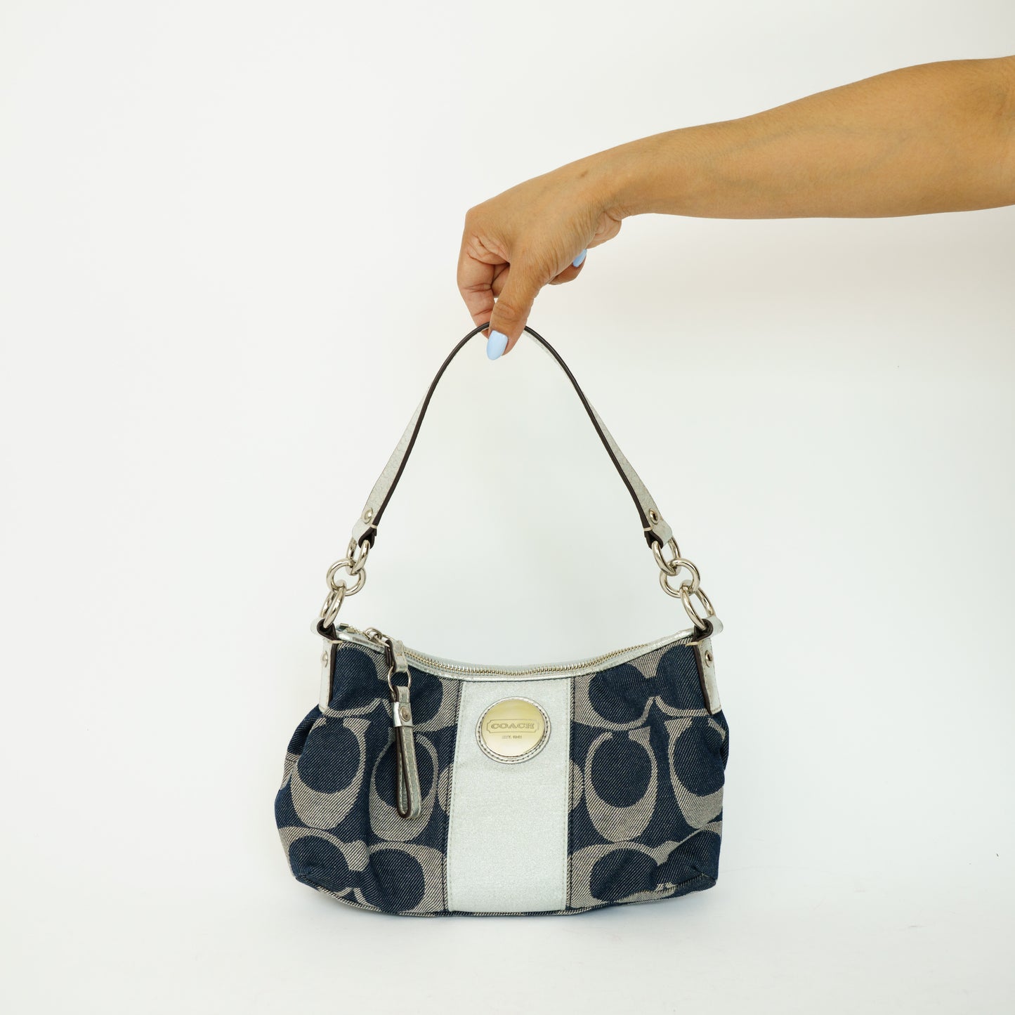 Coach Signature in Blue Grey and Silver Metallic Stripe Canvas 090626S10