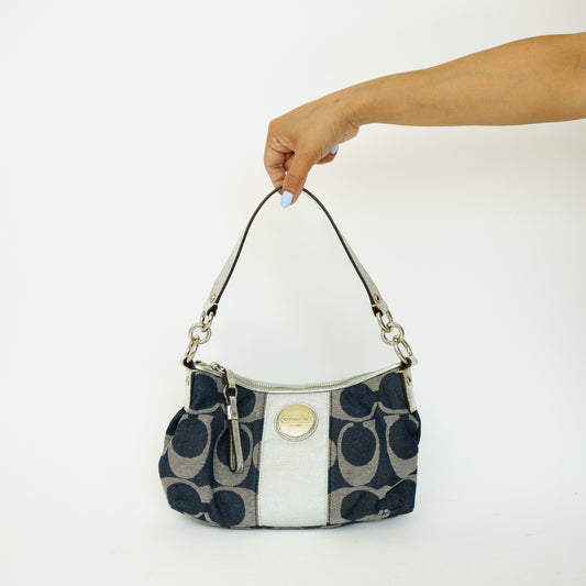 Coach Signature in Blue Grey and Silver Metallic Stripe Canvas 090626S10