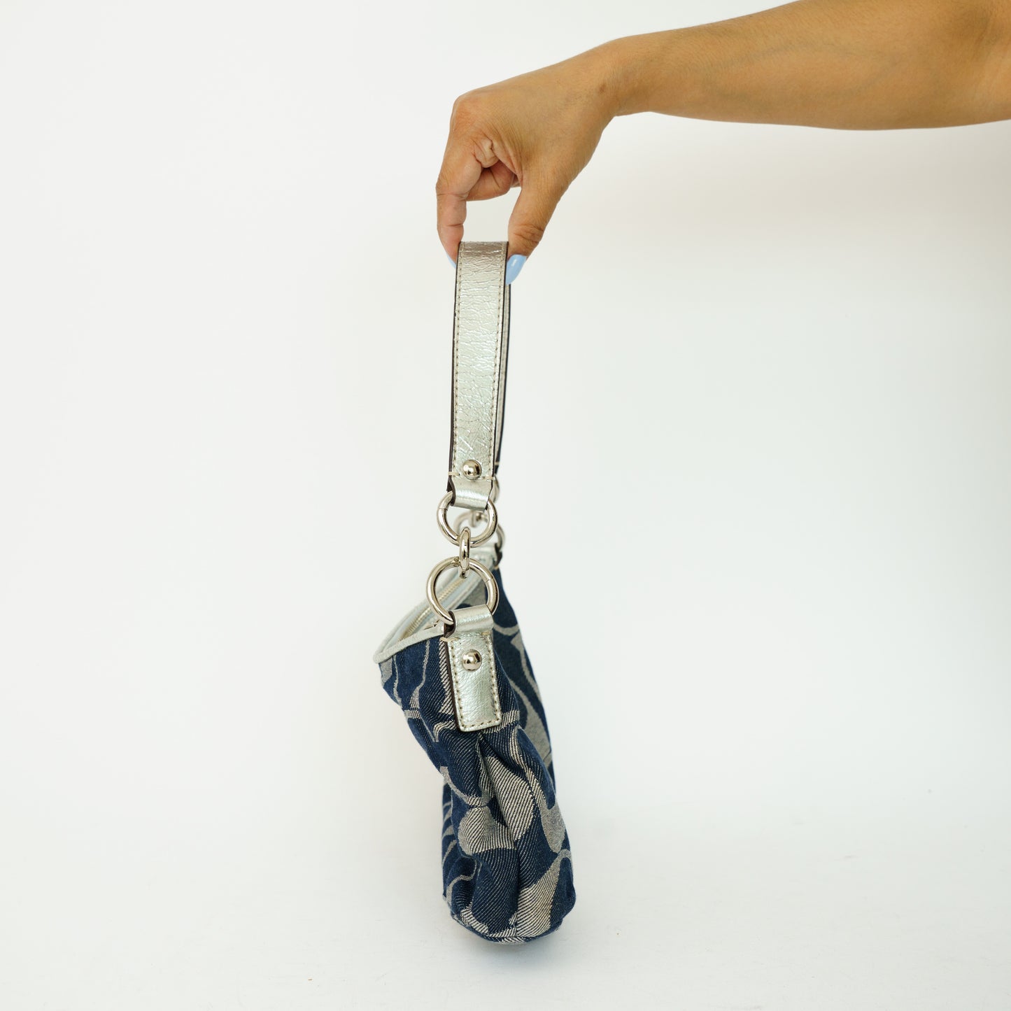 Coach Signature in Blue Grey and Silver Metallic Stripe Canvas 090626S10