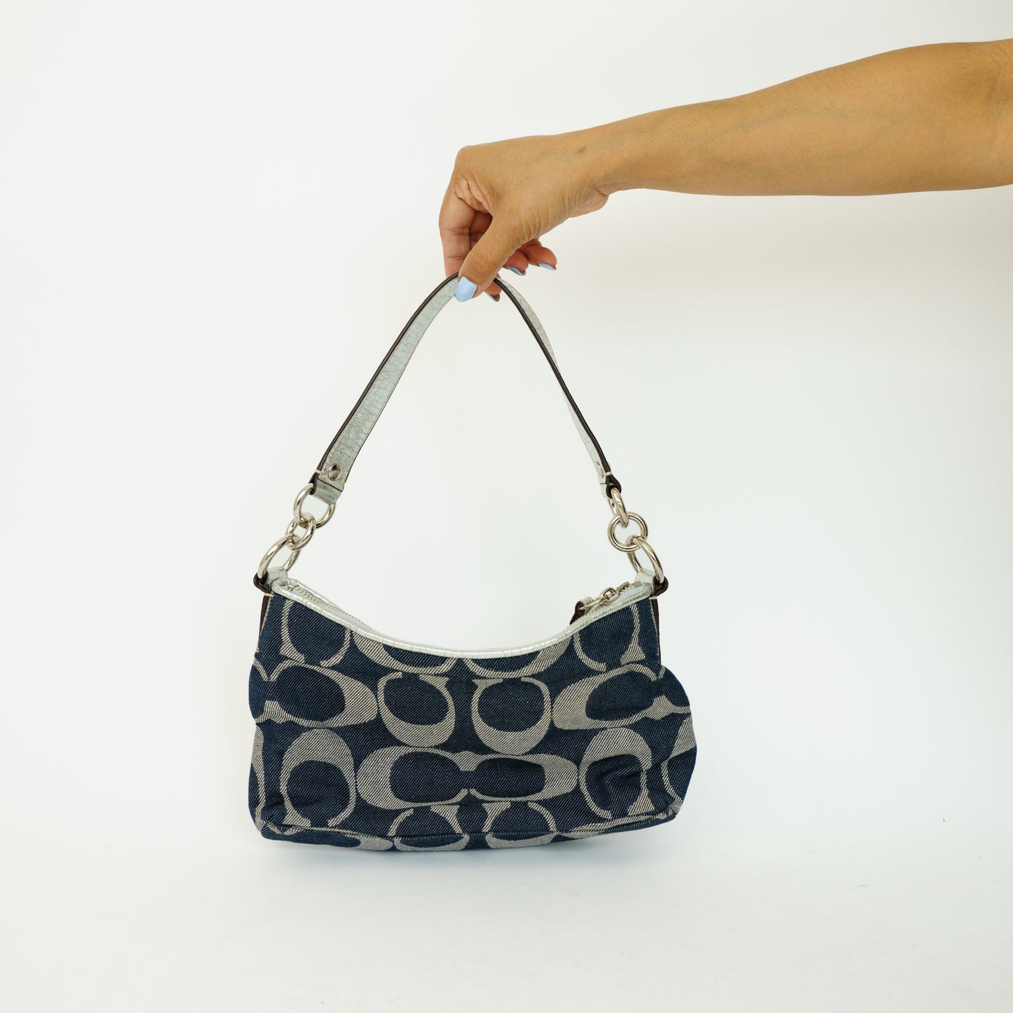 Coach Signature in Blue Grey and Silver Metallic Stripe Canvas 090626S10