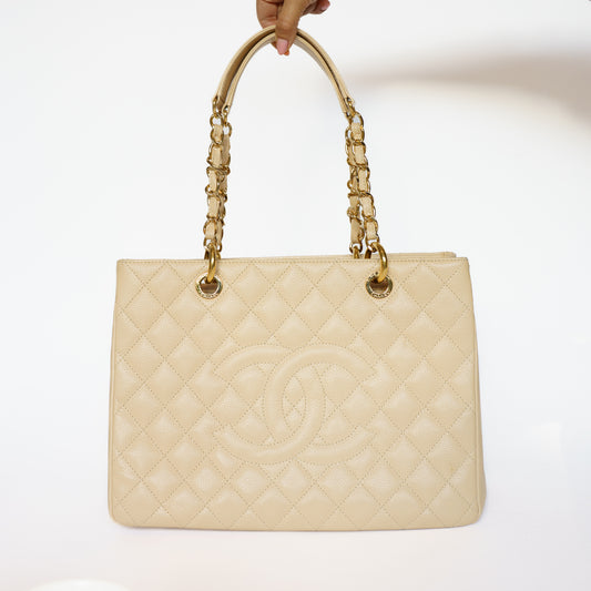 Chanel GST Grand Shopping Tote in Light Beige with Caviar Leather in Gold Hardware 111225B02