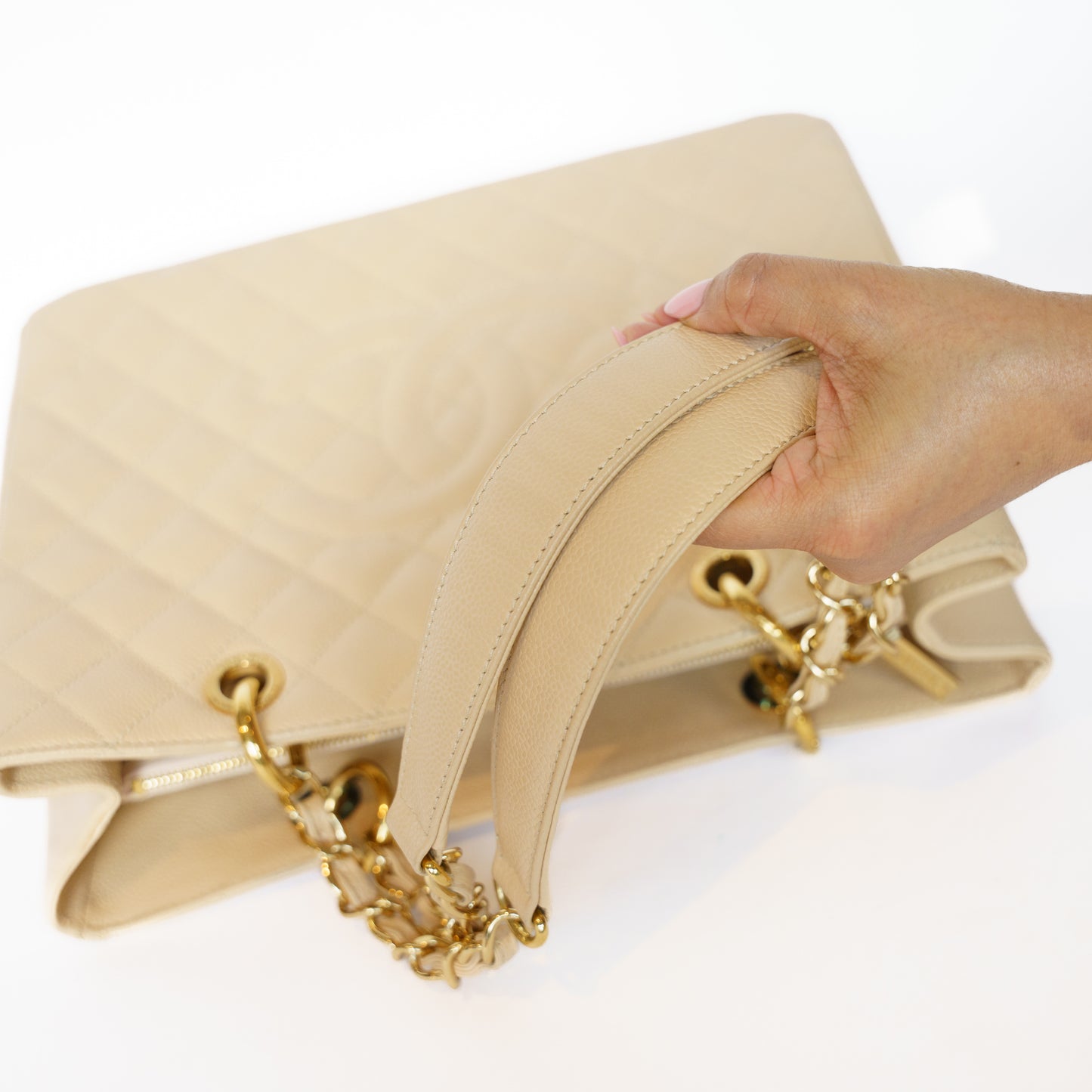 Chanel GST Grand Shopping Tote in Light Beige with Caviar Leather in Gold Hardware 111225B02