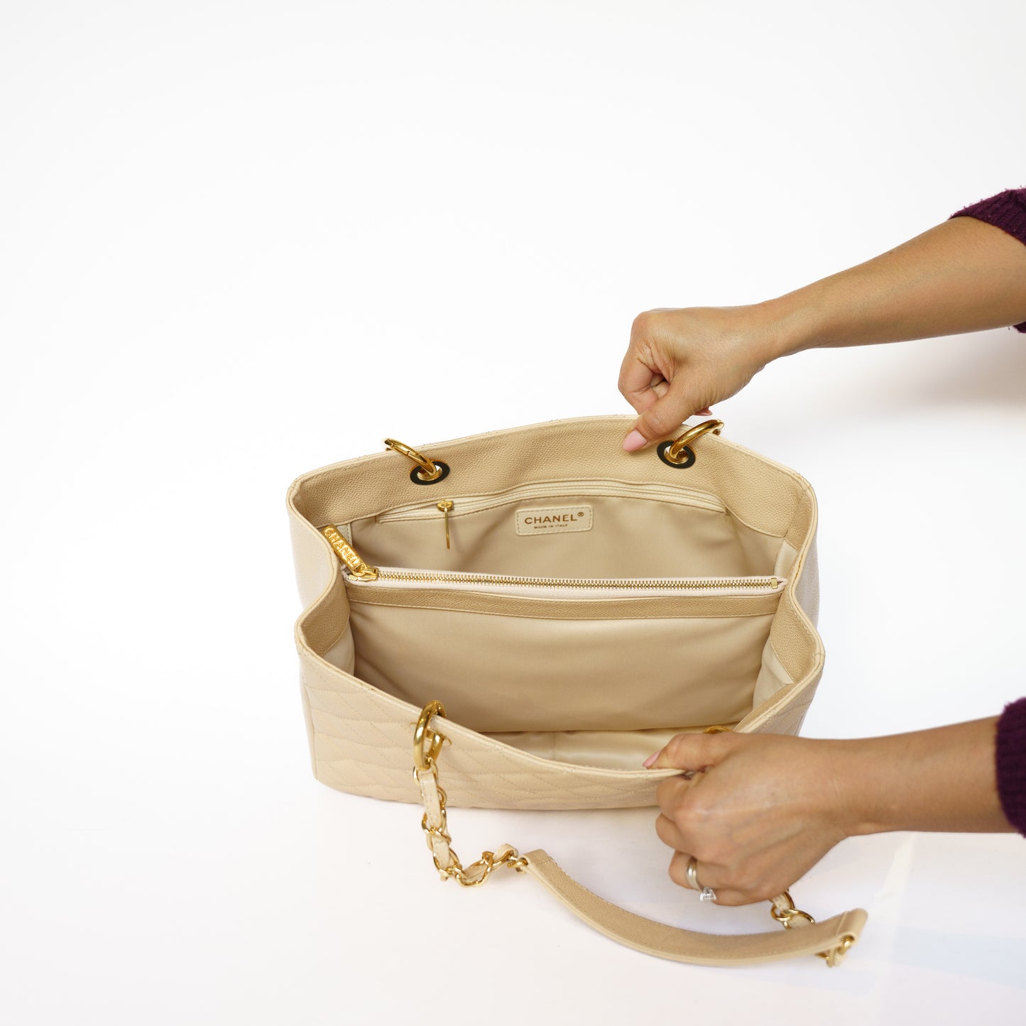 Chanel GST Grand Shopping Tote in Light Beige with Caviar Leather in Gold Hardware 111225B02