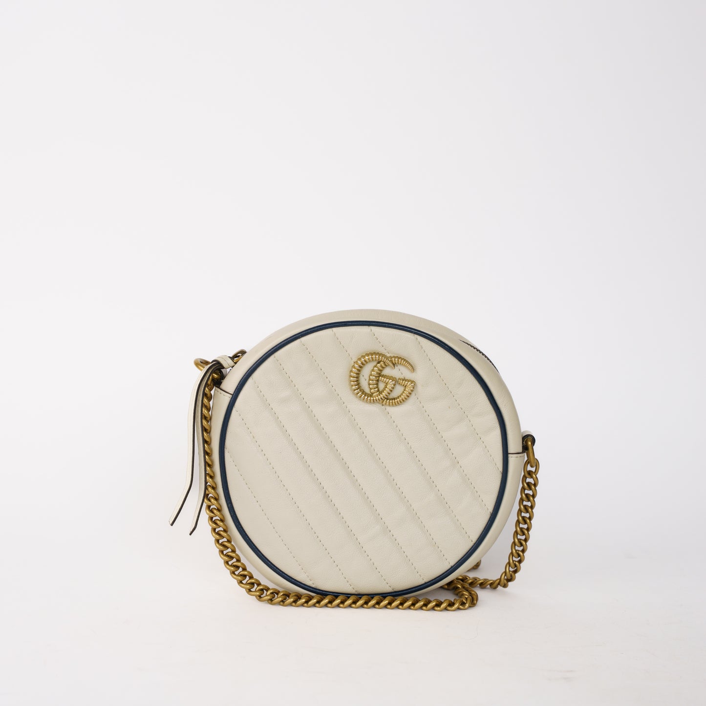 Gucci GG Marmont Mini Round Shoulder Bag in White leather with Blue Trim 120226B09
