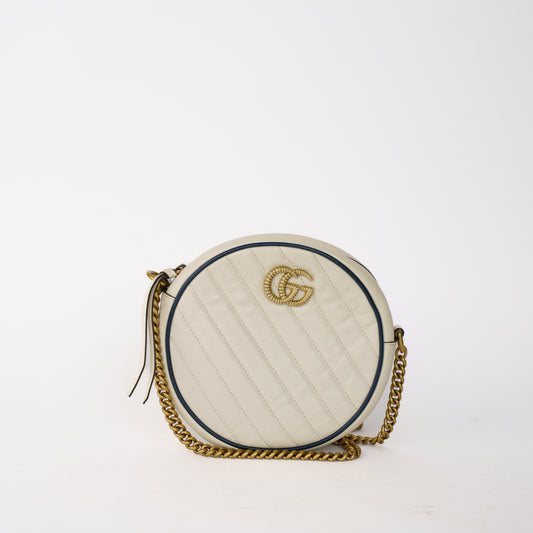 Gucci GG Marmont Mini Round Shoulder Bag in White leather with Blue Trim 120226B09