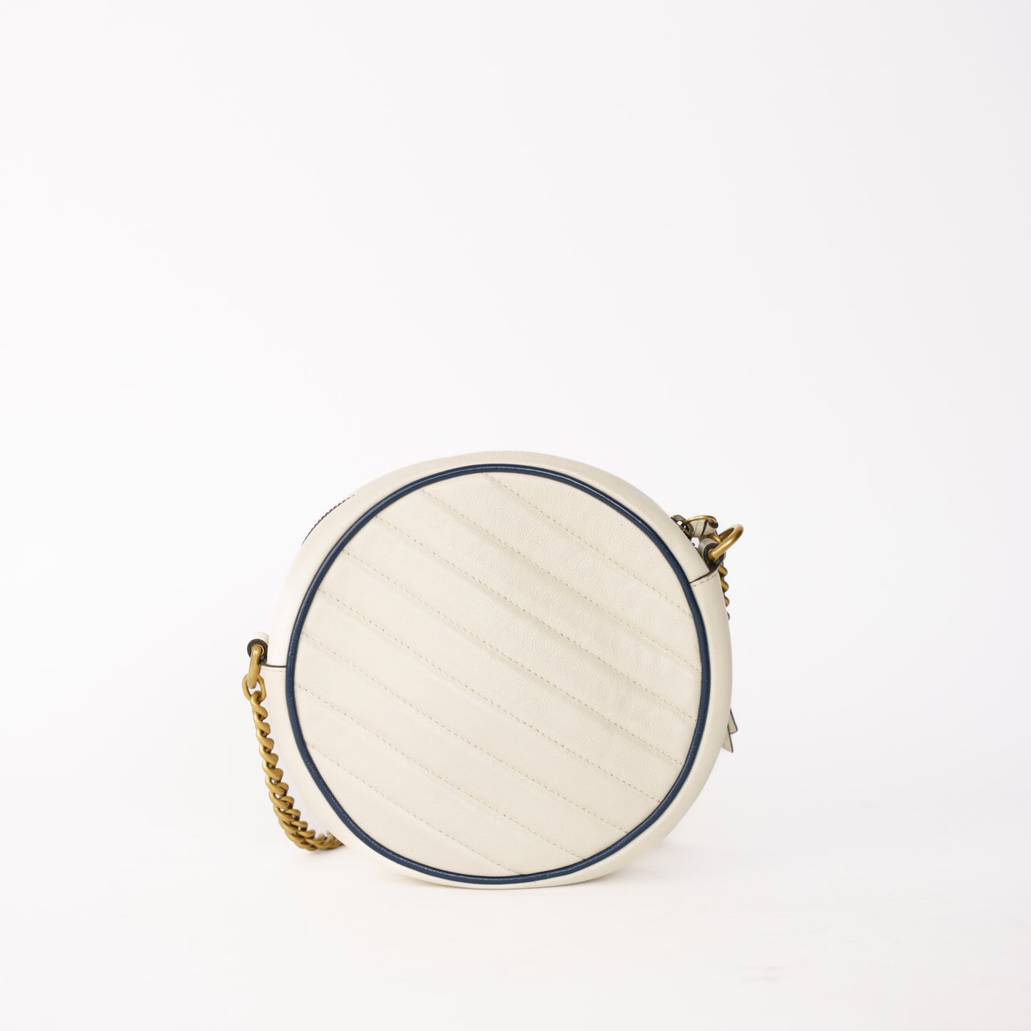 Gucci GG Marmont Mini Round Shoulder Bag in White leather with Blue Trim 120226B09