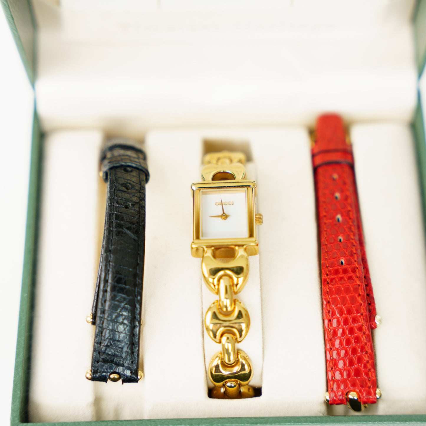 Gucci 1800L Watch Gold Plated Horsebit Bracelet Leather Straps Quartz 160626U09